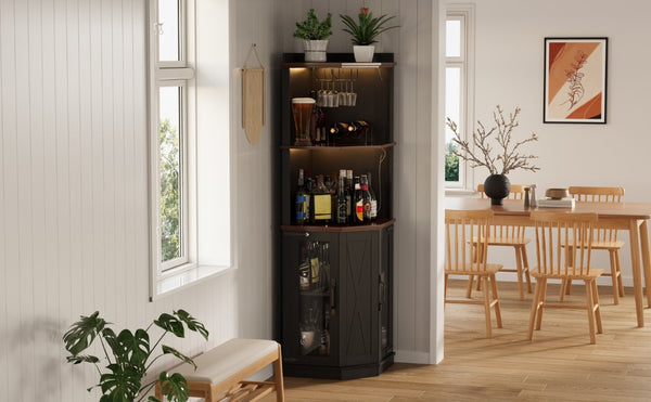 English Elm 67.3 Inch Farmhouse Corner Bar Cabinet with LED Lighting Glass Rack and Power Outlets N735P361423B