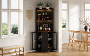 English Elm 67.3 Inch Farmhouse Corner Bar Cabinet with LED Lighting Glass Rack and Power Outlets N735P361423B