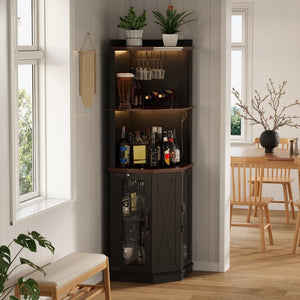 English Elm 67.3 Inch Farmhouse Corner Bar Cabinet with LED Lighting Glass Rack and Power Outlets N735P361423B