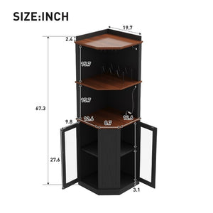 English Elm 67.3 Inch Farmhouse Corner Bar Cabinet with LED Lighting Glass Rack and Power Outlets N735P361423B