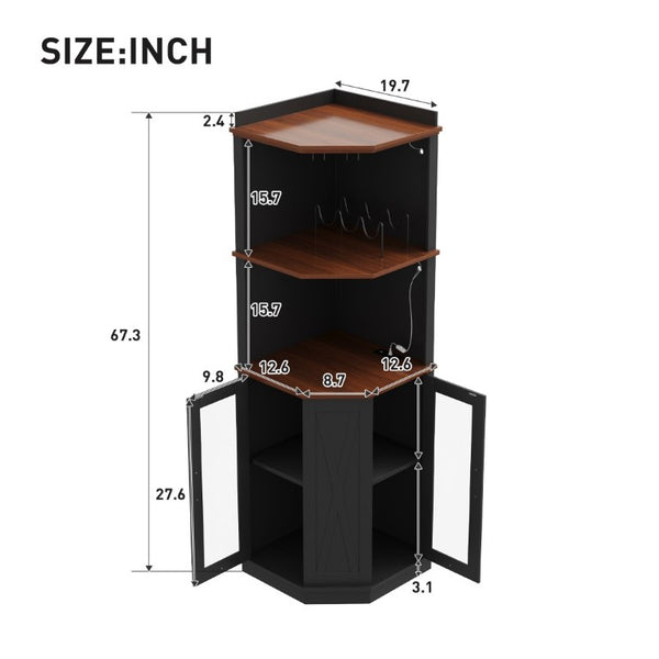 English Elm 67.3 Inch Farmhouse Corner Bar Cabinet with LED Lighting Glass Rack and Power Outlets N735P361423B