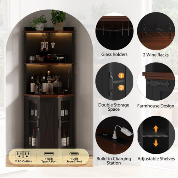English Elm 67.3 Inch Farmhouse Corner Bar Cabinet with LED Lighting Glass Rack and Power Outlets N735P361423B
