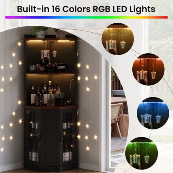 English Elm 67.3 Inch Farmhouse Corner Bar Cabinet with LED Lighting Glass Rack and Power Outlets N735P361423B