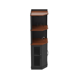 English Elm 67.3 Inch Farmhouse Corner Bar Cabinet with LED Lighting Glass Rack and Power Outlets N735P361423B