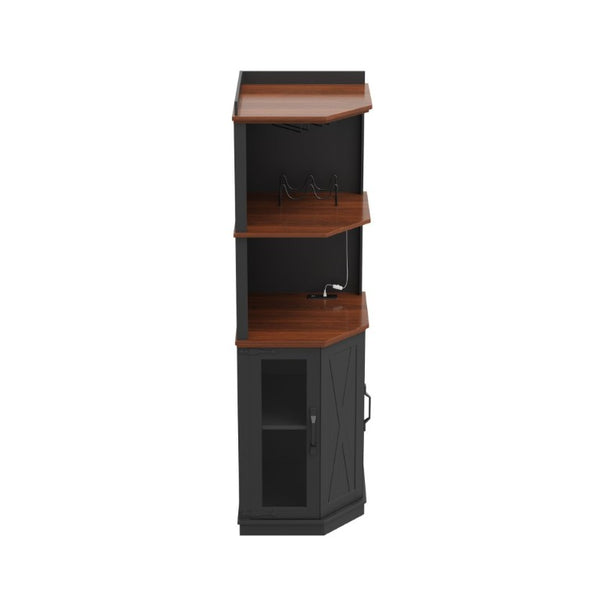 English Elm 67.3 Inch Farmhouse Corner Bar Cabinet with LED Lighting Glass Rack and Power Outlets N735P361423B