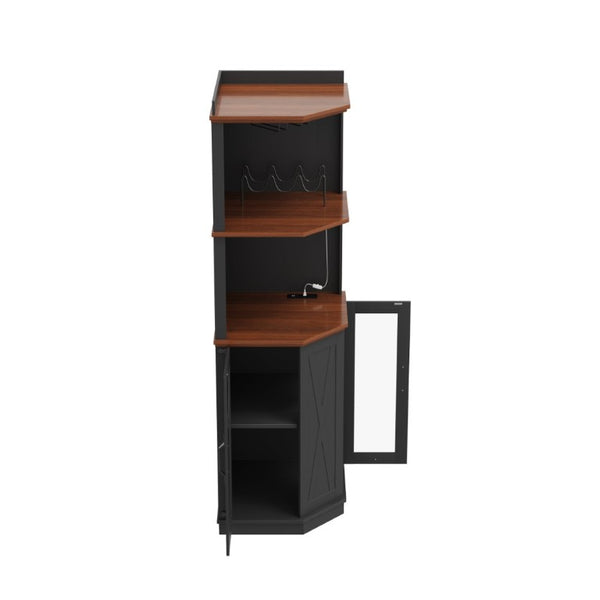 English Elm 67.3 Inch Farmhouse Corner Bar Cabinet with LED Lighting Glass Rack and Power Outlets N735P361423B