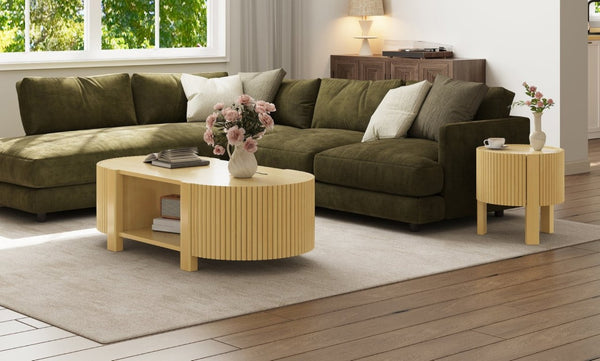 English Elm Living Room Nesting Table Set Solid Rubber Wood Soft Close Storage Natural Finish N735P369883N