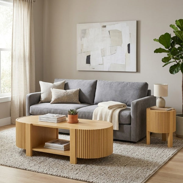 English Elm Living Room Nesting Table Set Solid Rubber Wood Soft Close Storage Natural Finish N735P369883N