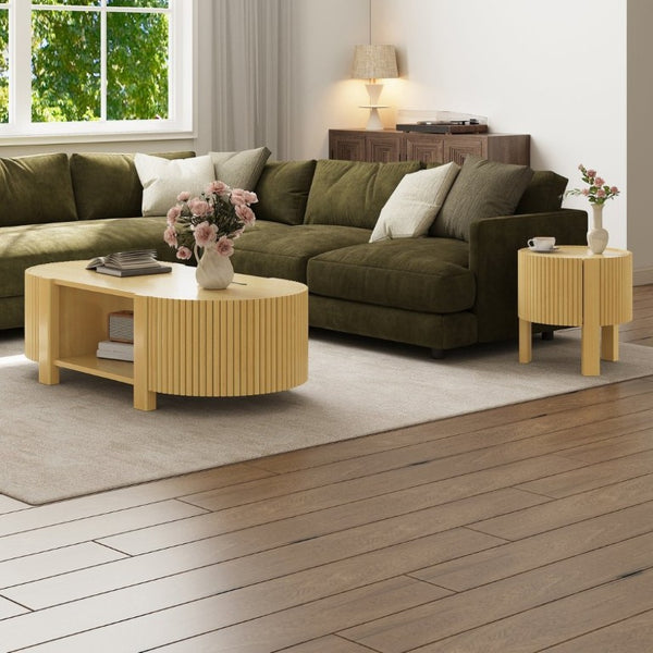 English Elm Living Room Nesting Table Set Solid Rubber Wood Soft Close Storage Natural Finish N735P369883N