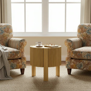 English Elm Set of 2 Fluted Round Rubberwood Side Tables with Soft-Close Storage Natural Finish N735P369884N