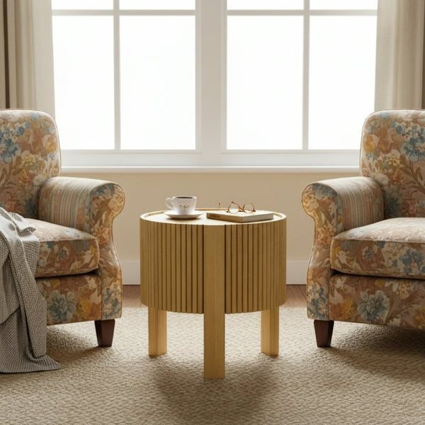 English Elm Set of 2 Fluted Round Rubberwood Side Tables with Soft-Close Storage Natural Finish N735P369884N