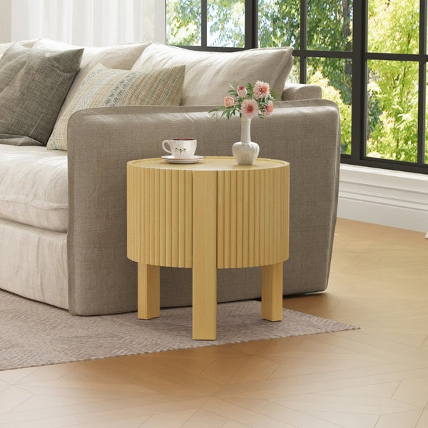 English Elm Set of 2 Fluted Round Rubberwood Side Tables with Soft-Close Storage Natural Finish N735P369884N