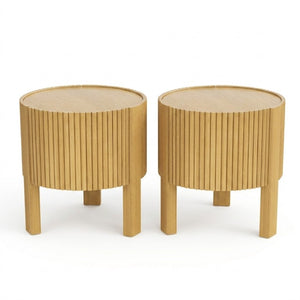 English Elm Set of 2 Fluted Round Rubberwood Side Tables with Soft-Close Storage Natural Finish N735P369884N