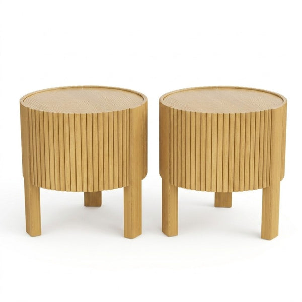 English Elm Set of 2 Fluted Round Rubberwood Side Tables with Soft-Close Storage Natural Finish N735P369884N