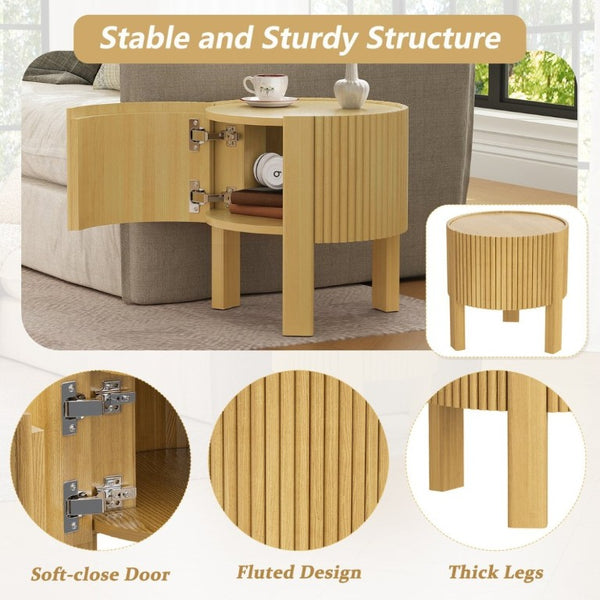 English Elm Set of 2 Fluted Round Rubberwood Side Tables with Soft-Close Storage Natural Finish N735P369884N