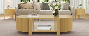English Elm Set of 2 Fluted Round Rubberwood Side Tables with Soft-Close Storage Natural Finish N735P369884N