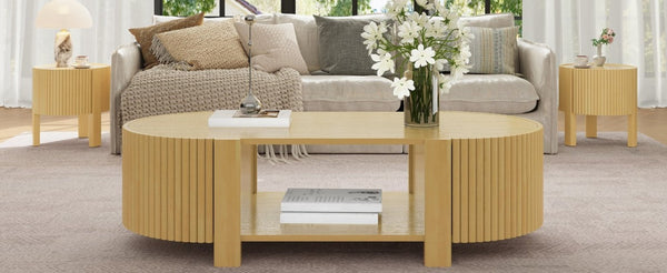 English Elm Set of 2 Fluted Round Rubberwood Side Tables with Soft-Close Storage Natural Finish N735P369884N