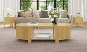 English Elm Set of 2 Fluted Round Rubberwood Side Tables with Soft-Close Storage Natural Finish N735P369884N