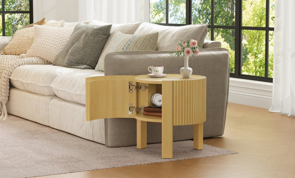 English Elm Set of 2 Fluted Round Rubberwood Side Tables with Soft-Close Storage Natural Finish N735P369884N