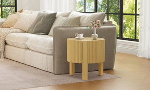 English Elm Set of 2 Fluted Round Rubberwood Side Tables with Soft-Close Storage Natural Finish N735P369884N