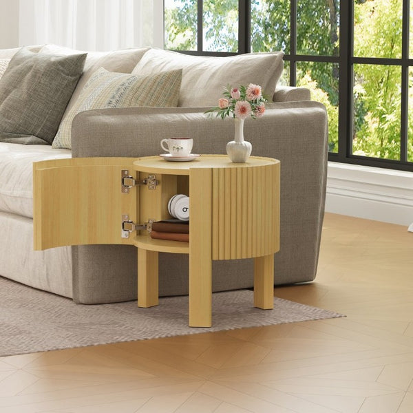 English Elm Set of 2 Fluted Round Rubberwood Side Tables with Soft-Close Storage Natural Finish N735P369884N