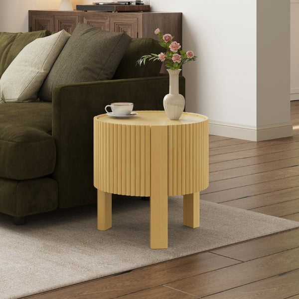 English Elm Set of 2 Fluted Round Rubberwood Side Tables with Soft-Close Storage Natural Finish N735P369884N