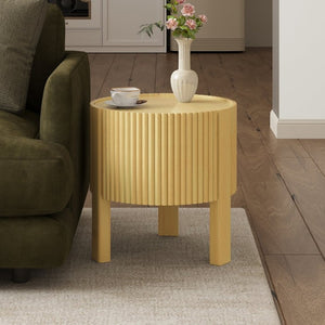 English Elm Set of 2 Fluted Round Rubberwood Side Tables with Soft-Close Storage Natural Finish N735P369884N