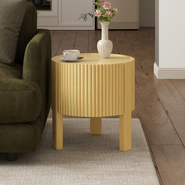 English Elm Set of 2 Fluted Round Rubberwood Side Tables with Soft-Close Storage Natural Finish N735P369884N