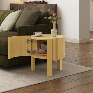 English Elm Set of 2 Fluted Round Rubberwood Side Tables with Soft-Close Storage Natural Finish N735P369884N