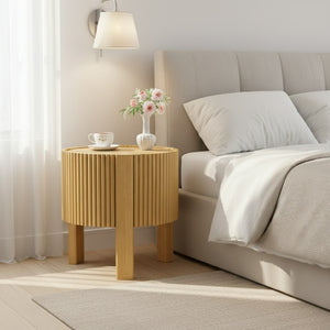 English Elm Set of 2 Fluted Round Rubberwood Side Tables with Soft-Close Storage Natural Finish N735P369884N
