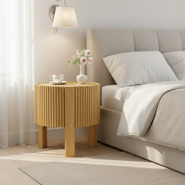 English Elm Set of 2 Fluted Round Rubberwood Side Tables with Soft-Close Storage Natural Finish N735P369884N