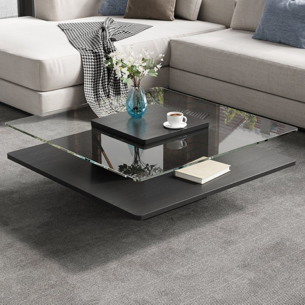 English Elm The Square Tempered Glass Coffee Table with Open Shelf for Modern Living Rooms Black N735P430947B
