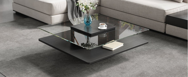 English Elm The Square Tempered Glass Coffee Table with Open Shelf for Modern Living Rooms Black N735P430947B