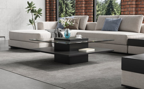 English Elm The Square Tempered Glass Coffee Table with Open Shelf for Modern Living Rooms Black N735P430947B