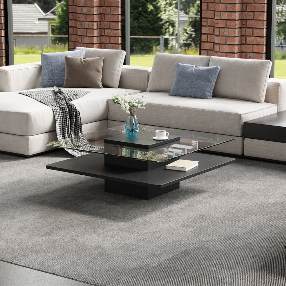 English Elm The Square Tempered Glass Coffee Table with Open Shelf for Modern Living Rooms Black N735P430947B