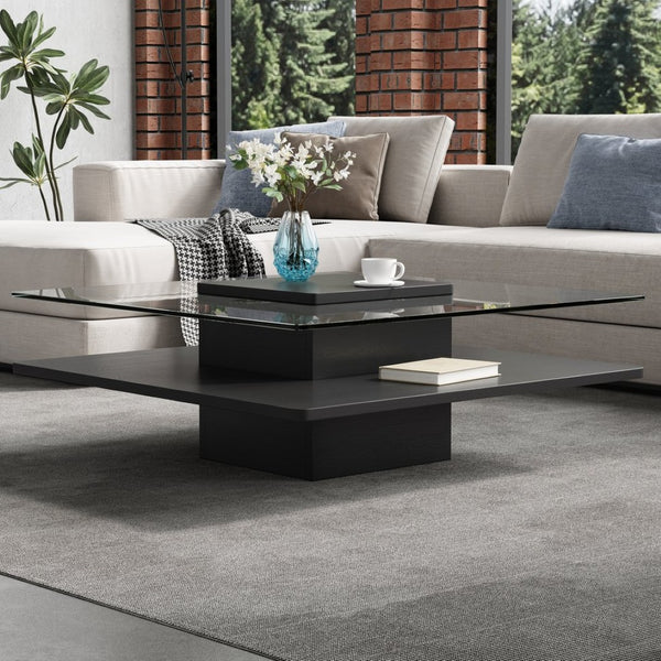 English Elm The Square Tempered Glass Coffee Table with Open Shelf for Modern Living Rooms Black N735P430947B