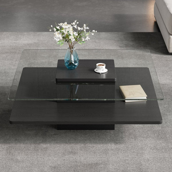 English Elm The Square Tempered Glass Coffee Table with Open Shelf for Modern Living Rooms Black N735P430947B