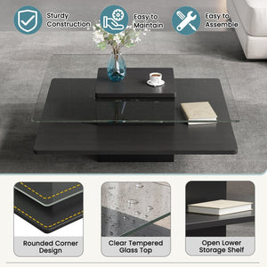 English Elm The Square Tempered Glass Coffee Table with Open Shelf for Modern Living Rooms Black N735P430947B