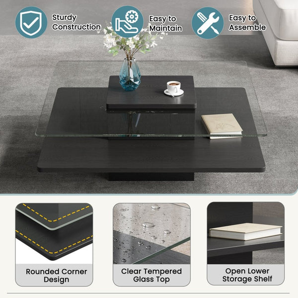 English Elm The Square Tempered Glass Coffee Table with Open Shelf for Modern Living Rooms Black N735P430947B
