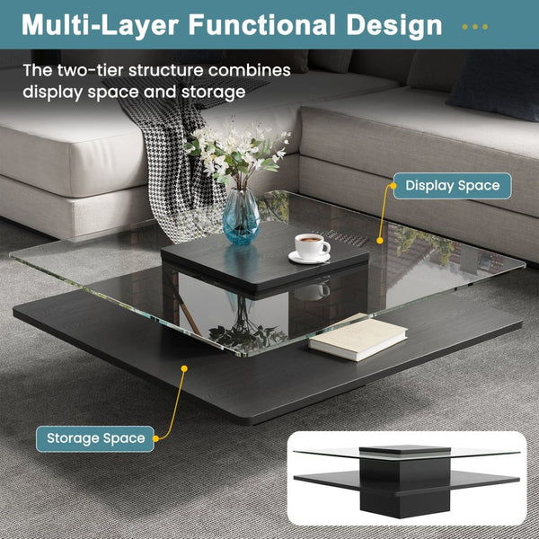 English Elm The Square Tempered Glass Coffee Table with Open Shelf for Modern Living Rooms Black N735P430947B
