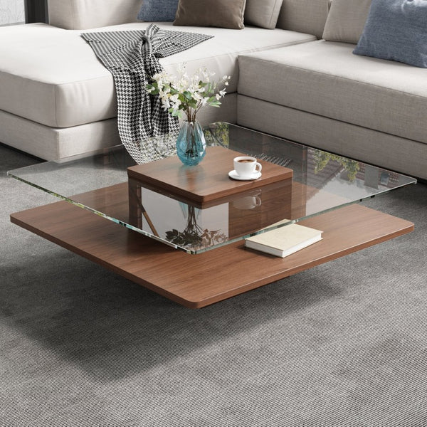 English Elm The Square Tempered Glass Coffee Table with Open Shelf for Modern Living Rooms Walnut N735P430947D