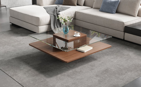 English Elm The Square Tempered Glass Coffee Table with Open Shelf for Modern Living Rooms Walnut N735P430947D