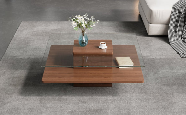 English Elm The Square Tempered Glass Coffee Table with Open Shelf for Modern Living Rooms Walnut N735P430947D