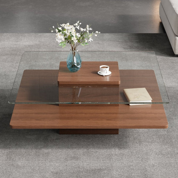 English Elm The Square Tempered Glass Coffee Table with Open Shelf for Modern Living Rooms Walnut N735P430947D