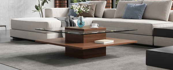 English Elm The Square Tempered Glass Coffee Table with Open Shelf for Modern Living Rooms Walnut N735P430947D