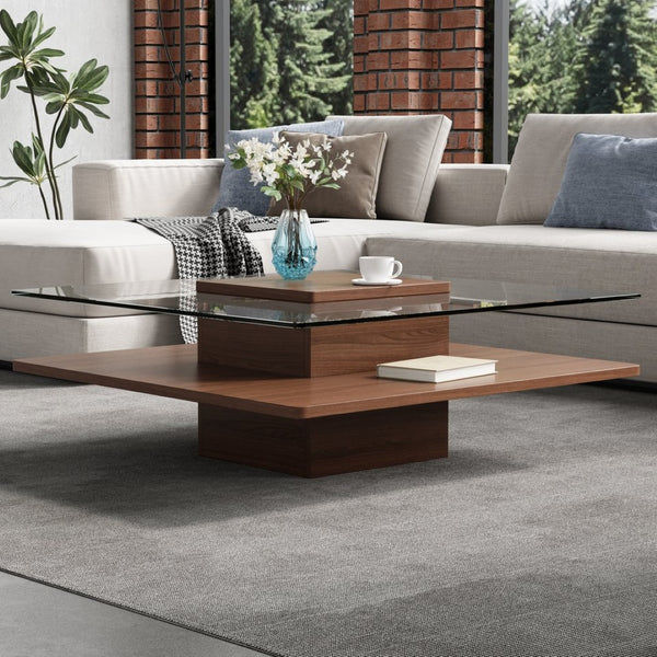 English Elm The Square Tempered Glass Coffee Table with Open Shelf for Modern Living Rooms Walnut N735P430947D