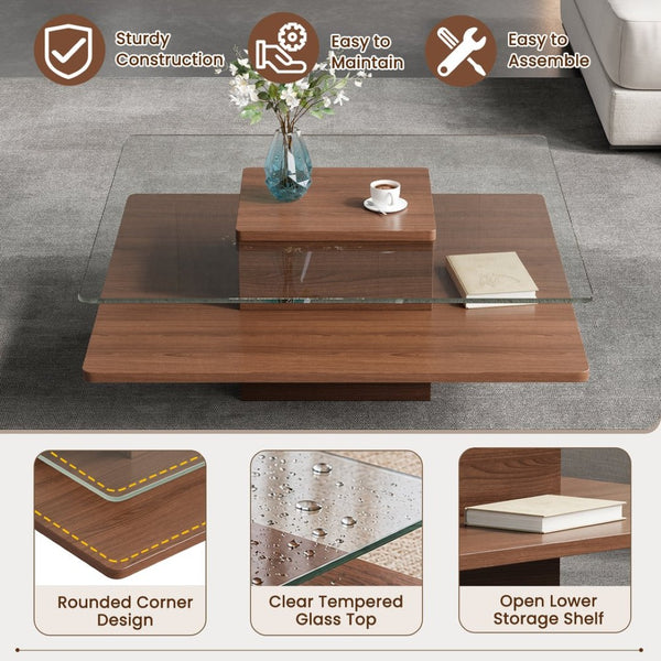 English Elm The Square Tempered Glass Coffee Table with Open Shelf for Modern Living Rooms Walnut N735P430947D