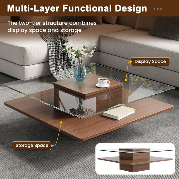 English Elm The Square Tempered Glass Coffee Table with Open Shelf for Modern Living Rooms Walnut N735P430947D