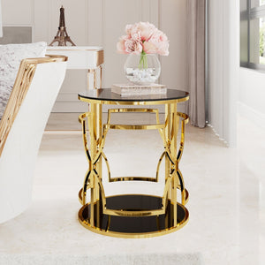 English Elm 19.7 Inch Round Gold Geometric End Table Dual Tier Tempered Glass Top Glam Living Room Accent Black N735P464301B