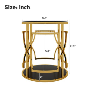 English Elm 19.7 Inch Round Gold Geometric End Table Dual Tier Tempered Glass Top Glam Living Room Accent Black N735P464301B